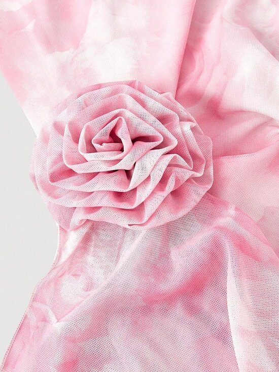 Pink Elegant Women's Halter Neck Dress with Floral Print Asymmetric High Slit - Picture 5 of 6